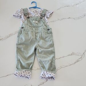 OshKosh B'gosh Sage Green Kids Floral Top And Matching Overalls 2T/ 24 Months